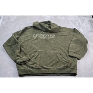 Six Flags Hoodie Mens 2XL Green Sherpa Fleece Pullover Magic Mountain Pocket